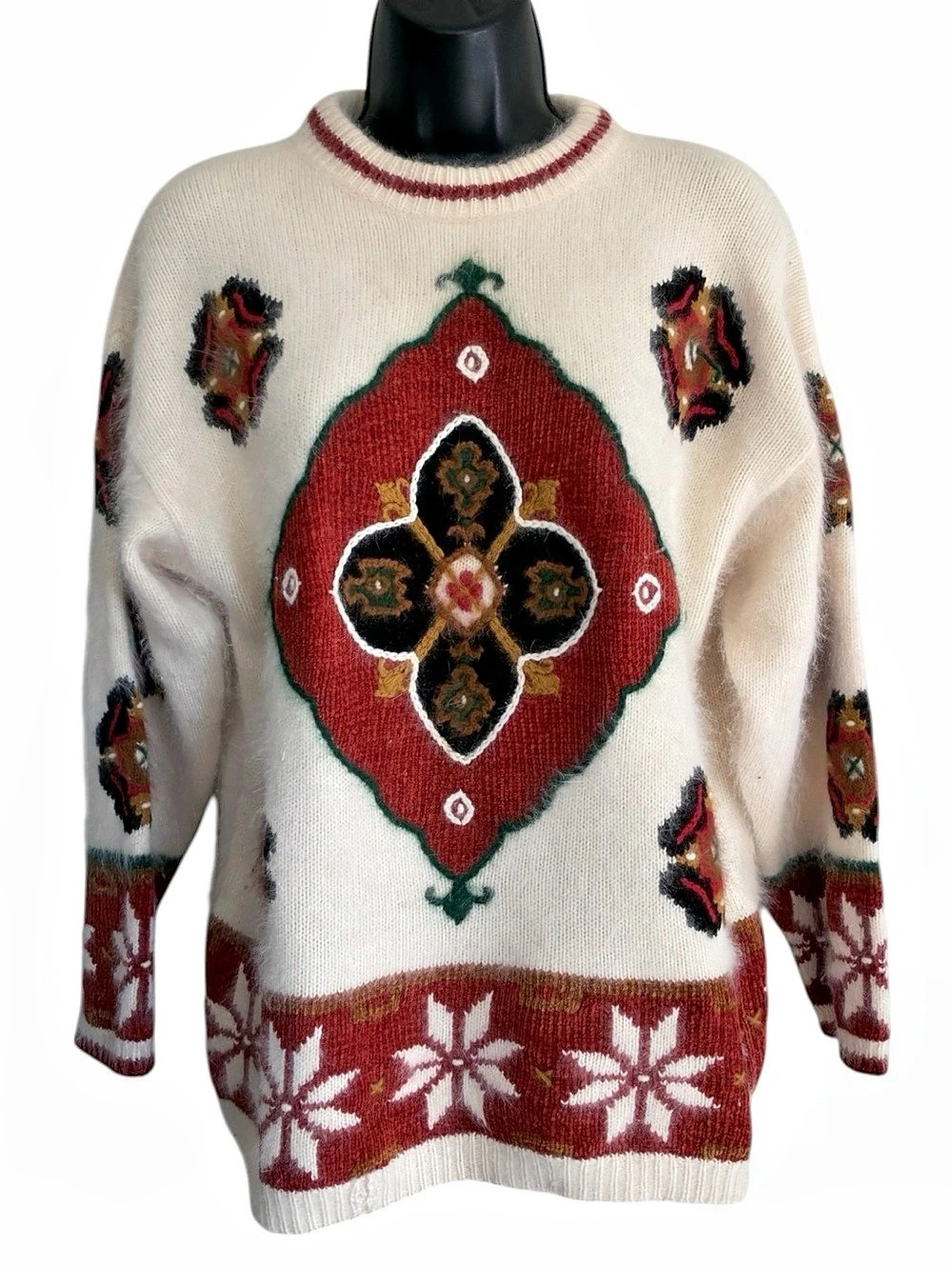 VTG Rafaella Petites Rabbit Hair Geometric Knit Sweater Gold Cream & Red Size M